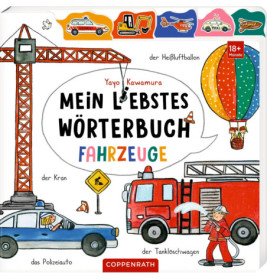 Kinderbuchcover mit Kran, Feuerwehrauto, Polizeiauto und Heißluftballon, deutscher Titel.