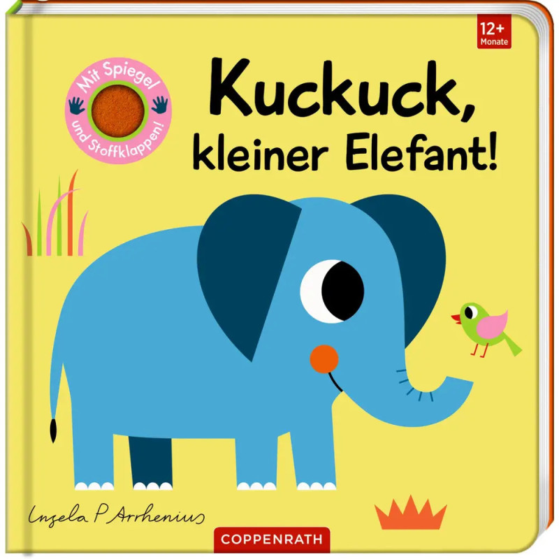 Kinderbuchcover: Blauer Elefant, kleiner grüner Vogel, Titel Kuckuck, kleiner Elefant!.