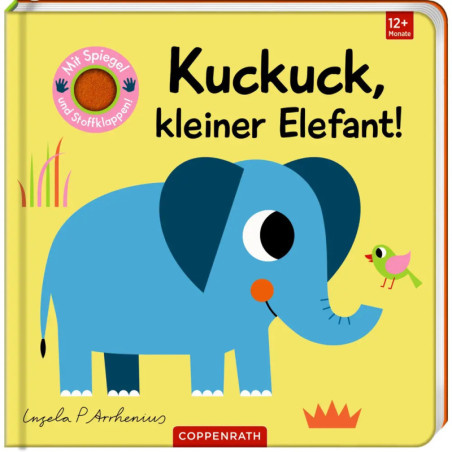 Kinderbuchcover: Blauer Elefant, kleiner grüner Vogel, Titel Kuckuck, kleiner Elefant!.