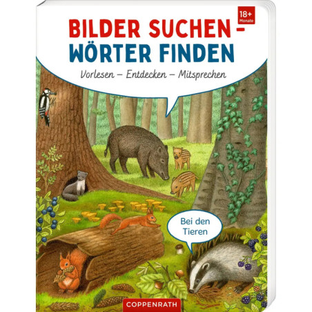 Cover von Coppenrath Verlag - Bilder suchen - Wörter finden: Bei den Tieren mit Waldtieren für junge Leser.
