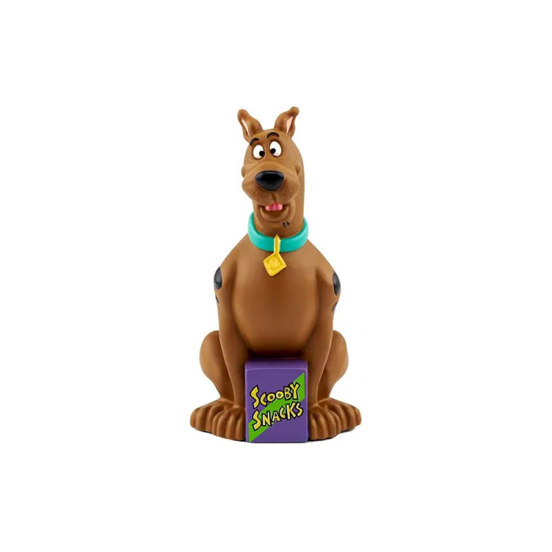 Eine Scooby-Doo-Figur sitzt vor einer violetten Box mit der Aufschrift Scooby Snacks.