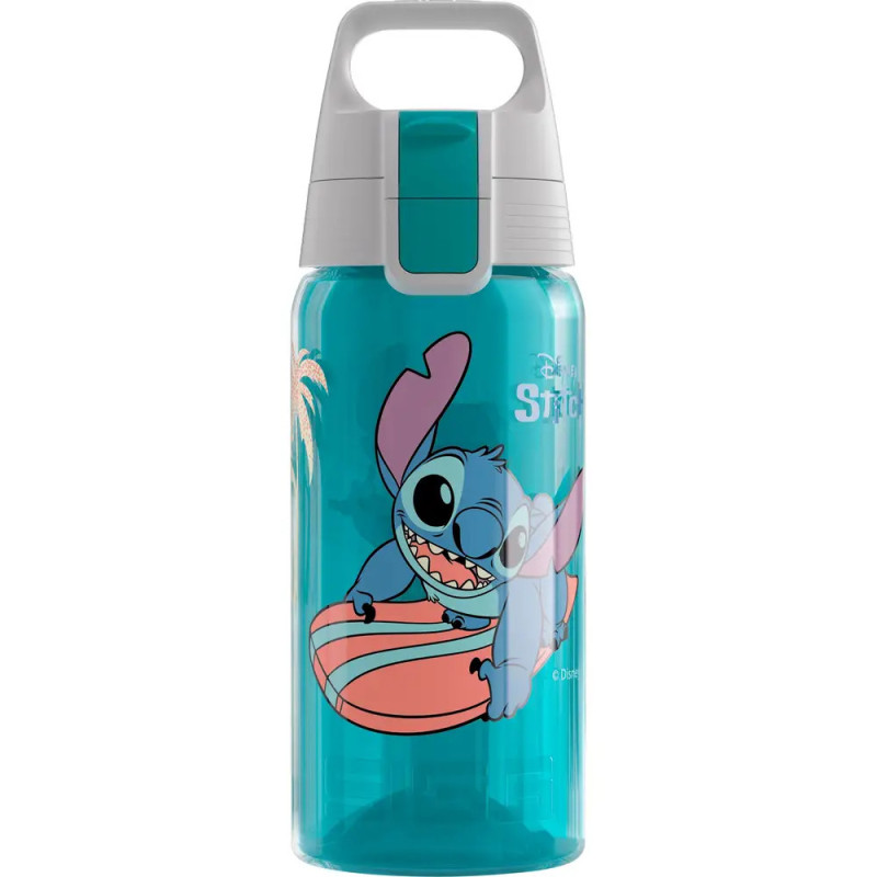 Blaue Trinkflasche mit grauem Deckel, zeigt Disneys Stitch auf einem orange-weißen Surfbrett. Blaue Trinkflasche mit grauem Deckel, zeigt Disneys Stitch auf einem orange-weißen Surfbrett.