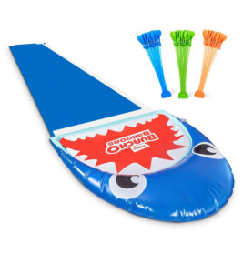 Blaue Hai-Wasserrutsche mit Bunch O Balloons-Paketen in Blau, Grün und Orange an der Seite.