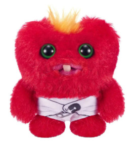 Rotes Plüschmonster mit grünen Augen, einem Zahn und weißer Windel mit schwarzem Herz.