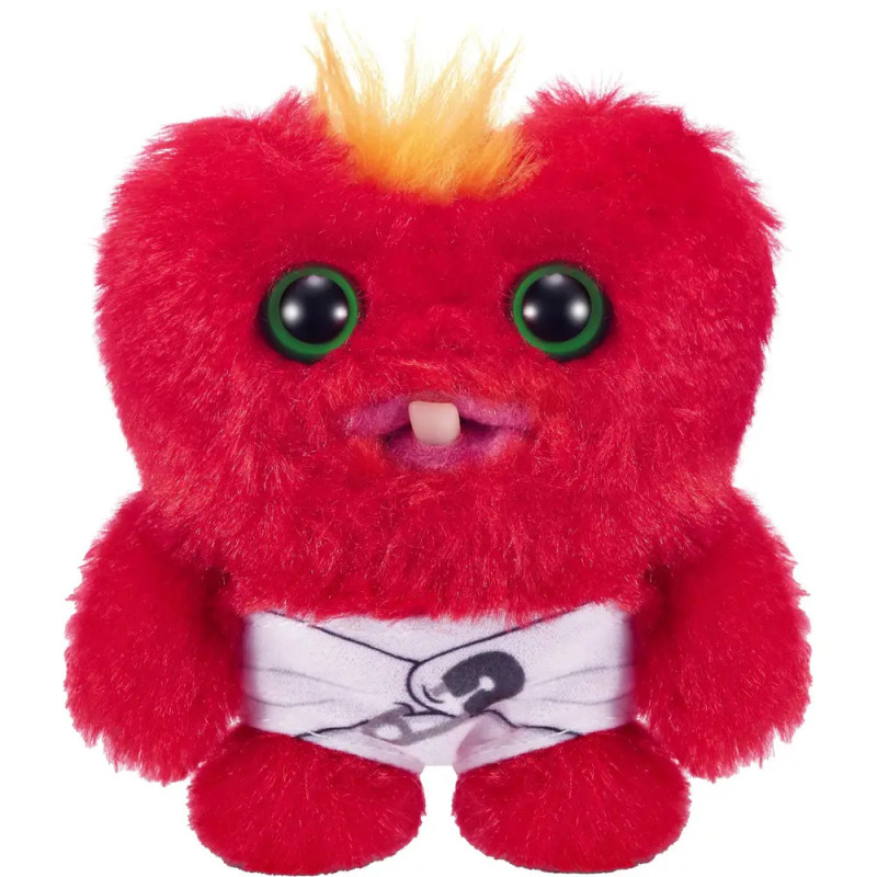 Rotes Plüschmonster mit grünen Augen, einem Zahn und weißer Windel mit schwarzem Herz.