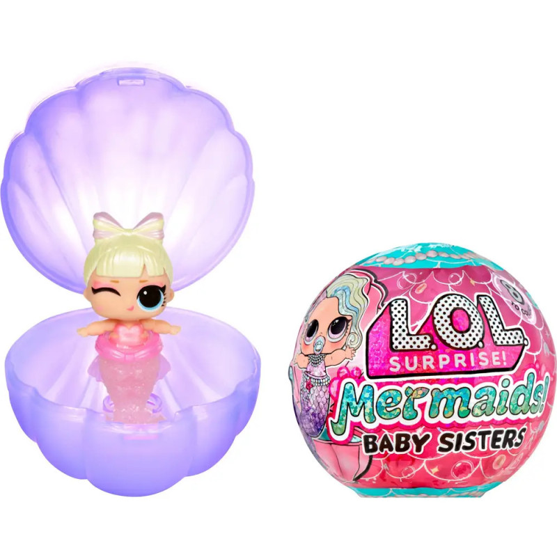 L.O.L. Surprise! Mermaids Baby Sisters Puppe im Muschel-Etui neben bunter, runder Verpackung.