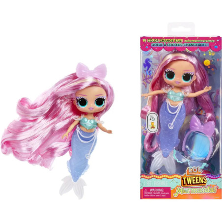 LOL Tweens Meerjungfrau-Puppe mit rosa Haaren, blauem Fischschwanz und Muschel-Top neben der Verpackung.