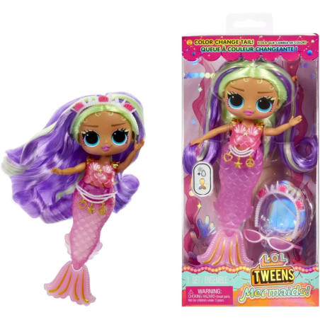 L.O.L. Surprise! Tweens Meerjungfrau-Puppe mit lila Haaren, rosa Schwanz und Zubehör in und außerhalb der Verpackung.