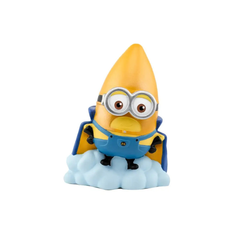 Ein Minion-Spielzeug als Superheld mit blauem Umhang steht auf einer Wolke.