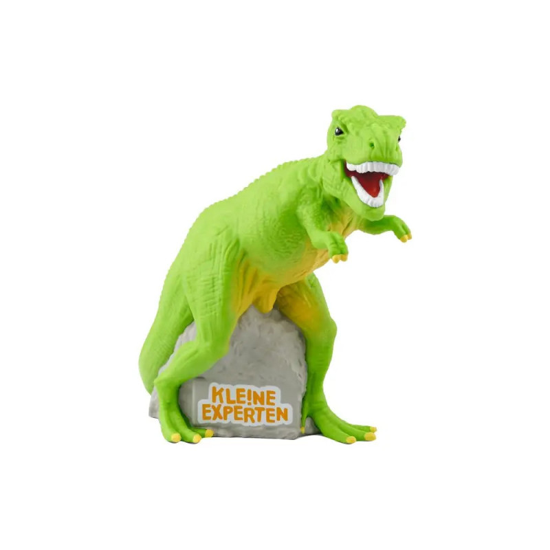 Grünes Spielzeug-Dinosaurier steht auf einem Stein mit der Aufschrift KLEINE EXPERTEN.