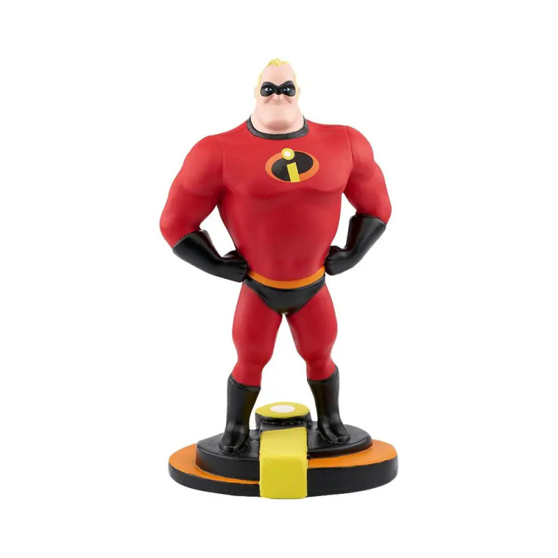 Eine Mr. Incredible Figur im roten Superheldenanzug steht aufrecht auf einem schwarz-orangefarbenen Sockel.