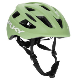 Hellgrüner Fahrradhelm mit schwarzen Belüftungslöchern, verstellbaren Riemen und PUKY-Logo an der Seite.