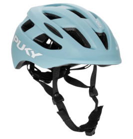 Hellblauer Fahrradhelm mit schwarzen Lüftungsschlitzen, Kinnriemen und seitlichem PUKY-Logo.