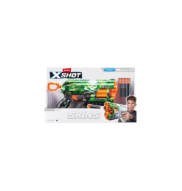 Zuru X-Shot Skins Dartblaster im Karton mit Pfeilen, abgebildet ist ein Kind beim Zielen.