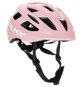 Pinkfarbener Fahrradhelm mit Belüftungslöchern, schwarzen Riemen und seitlichem PUKY-Logo.