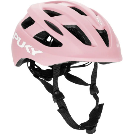 Pinkfarbener Fahrradhelm mit Belüftungslöchern, schwarzen Riemen und seitlichem PUKY-Logo.