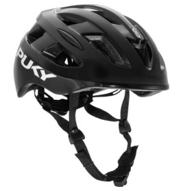 Schwarzer Puky-Fahrradhelm mit Belüftungslöchern und verstellbarem Kinnriemen, seitlich abgebildet.