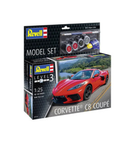 Revell Modellset: Roter Corvette C8 Coupé, Maßstab 1:25, 144 Teile, inklusive Farben und Pinsel.