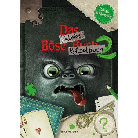 Gruseliges, pelziges Monster mit großen Augen und Zunge auf dunklem Buchcover mit deutschem Text und Rätseln.