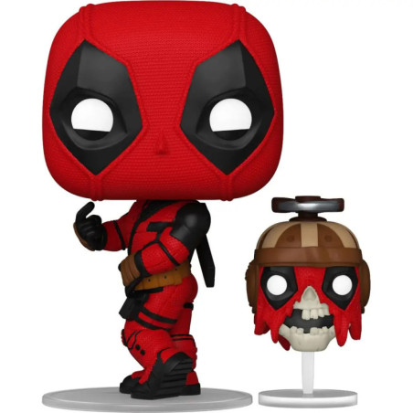 Funko Pop Figur von Deadpool im roten Anzug mit kleiner Zombie-Kopf-Zubehörfigur und Propeller auf dem Kopf.
