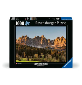 1000-teiliges Ravensburger Puzzle mit malerischer Berglandschaft bei Sonnenuntergang und Bäumen im Vordergrund.