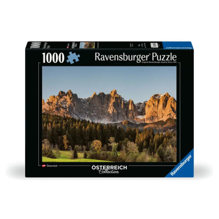 1000-teiliges Ravensburger Puzzle mit malerischer Berglandschaft bei Sonnenuntergang und Bäumen im Vordergrund.