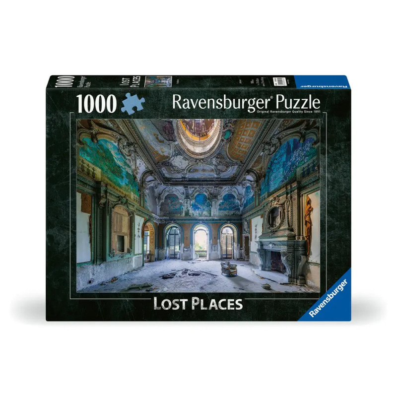 Ravensburger Puzzle, 1000 Teile, mit Motiv eines prunkvollen, verlassenen und verfallenden Gebäude-Innenraums.