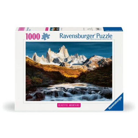 Ravensburger Puzzle, 1000 Teile, zeigt eine Berglandschaft mit Fluss und herbstlichen Bäumen.