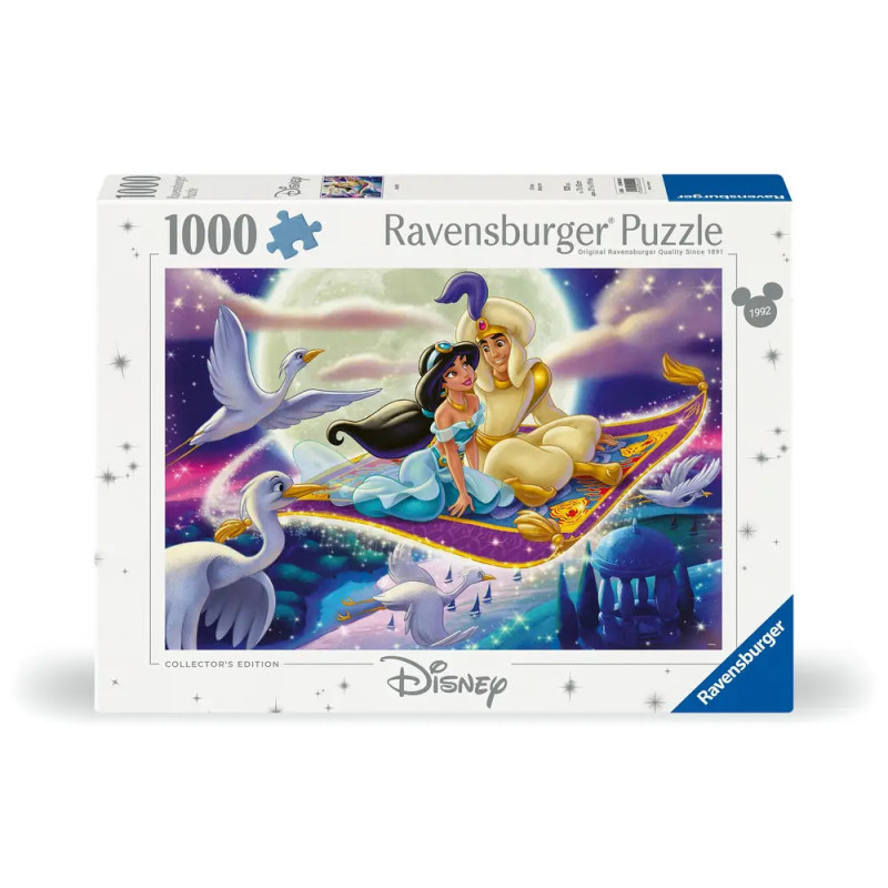 Disney Ravensburger Puzzle mit 1000 Teilen: Aladdin und Jasmin fliegen auf dem Teppich, umgeben von Vögeln.