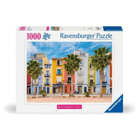 Ravensburger Puzzle, 1000 Teile, zeigt auf dem Karton bunte Mittelmeerhäuser und Palmen.