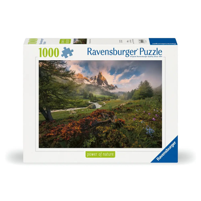 Ravensburger Puzzle mit 1000 Teilen: Motiv ist eine Berglandschaft mit Wildblumen und Bäumen. Ravensburger Puzzle mit 1000 Teilen: Motiv ist eine Berglandschaft mit Wildblumen und Bäumen.