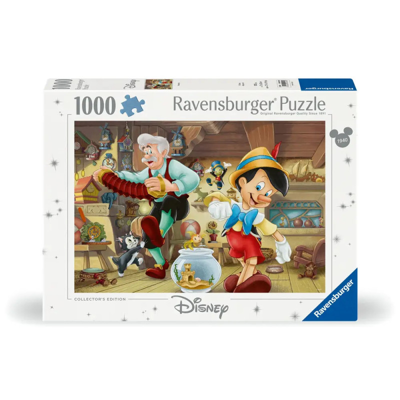 Ravensburger Puzzle mit 1000 Teilen: Pinocchio und Geppetto in einer Werkstatt.