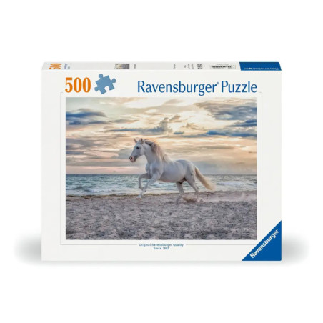 500-teiliges Ravensburger Puzzle mit weißem Pferd, das bei Sonnenuntergang am Strand läuft.