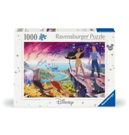 1000-teiliges Disney Ravensburger Puzzle: Pocahontas und John Smith blicken auf eine malerische Landschaft.