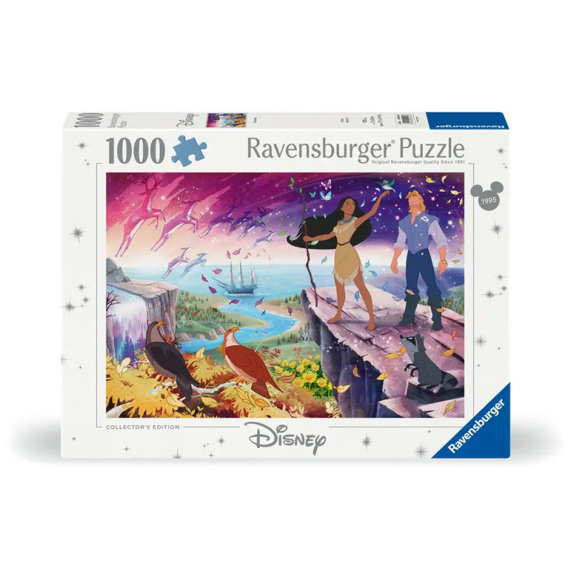 1000-teiliges Disney Ravensburger Puzzle: Pocahontas und John Smith blicken auf eine malerische Landschaft. 1000-teiliges Disney Ravensburger Puzzle: Pocahontas und John Smith blicken auf eine malerische Landschaft.