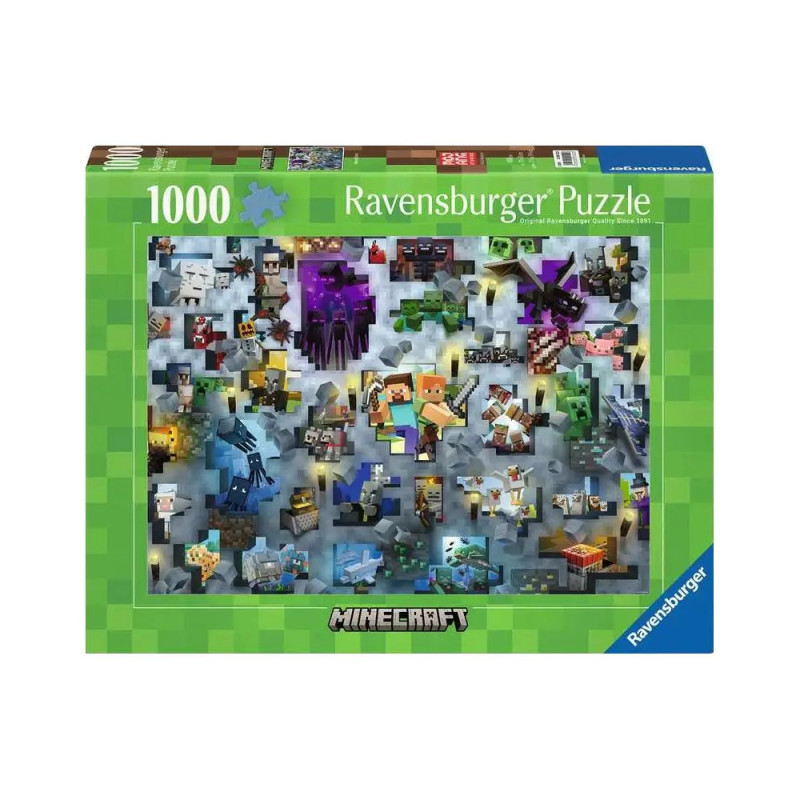 Ravensburger Minecraft Puzzle, 1000 Teile, zeigt verschiedene Figuren und Kreaturen aus Minecraft auf dem Schachteldeckel.