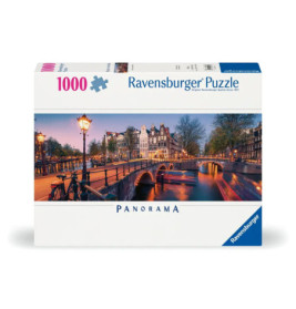 Ravensburger Puzzle mit 1000 Teilen zeigt ein Panorama von Amsterdams Kanälen und Brücken in abendlicher Stimmung.