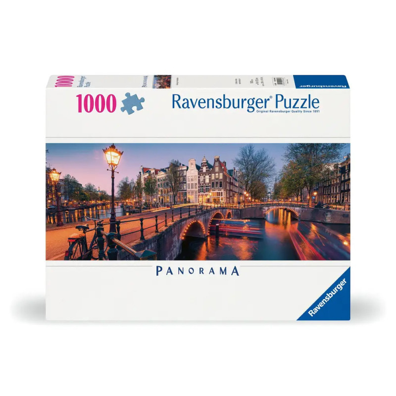 Ravensburger Puzzle mit 1000 Teilen zeigt ein Panorama von Amsterdams Kanälen und Brücken in abendlicher Stimmung.