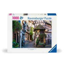 Ravensburger Puzzle mit 1000 Teilen: Das Motiv zeigt eine malerische Kopfsteinpflasterstraße mit Fachwerkhäusern.