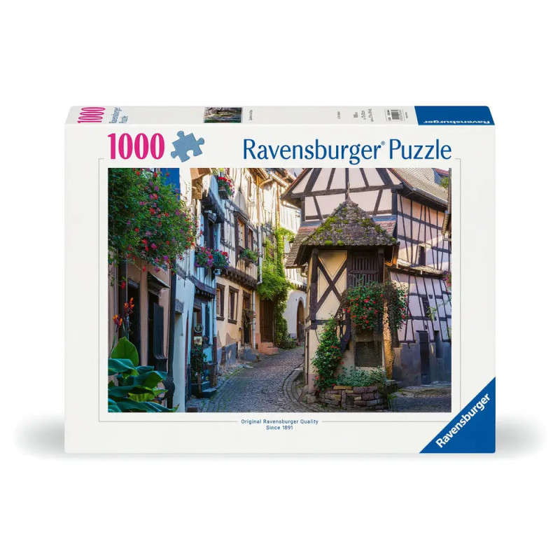 Ravensburger Puzzle mit 1000 Teilen: Das Motiv zeigt eine malerische Kopfsteinpflasterstraße mit Fachwerkhäusern.