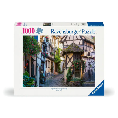 Ravensburger Puzzle mit 1000 Teilen: Das Motiv zeigt eine malerische Kopfsteinpflasterstraße mit Fachwerkhäusern.