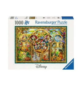 Ravensburger Puzzle mit 1000 Teilen, zeigt bunte Disney-Figuren in einem goldgerahmten Design auf der Schachtel.