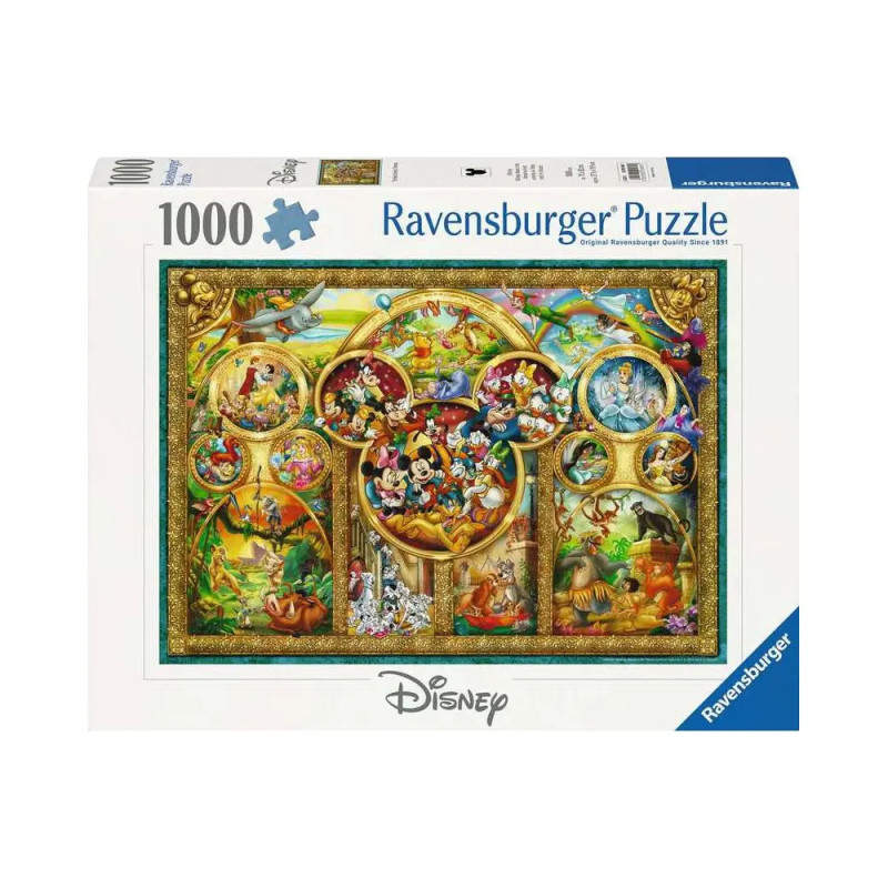 Ravensburger Puzzle mit 1000 Teilen, zeigt bunte Disney-Figuren in einem goldgerahmten Design auf der Schachtel. Ravensburger Puzzle mit 1000 Teilen, zeigt bunte Disney-Figuren in einem goldgerahmten Design auf der Schachtel.