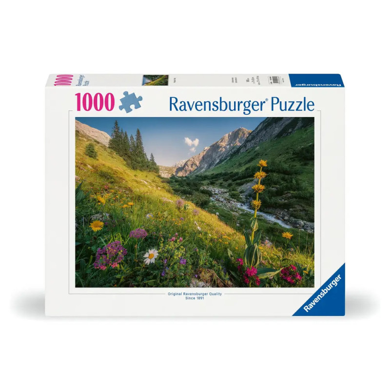 Ravensburger Puzzle, 1000 Teile, mit Foto einer bunten Wildblumenwiese im Bergtal auf der Verpackung.