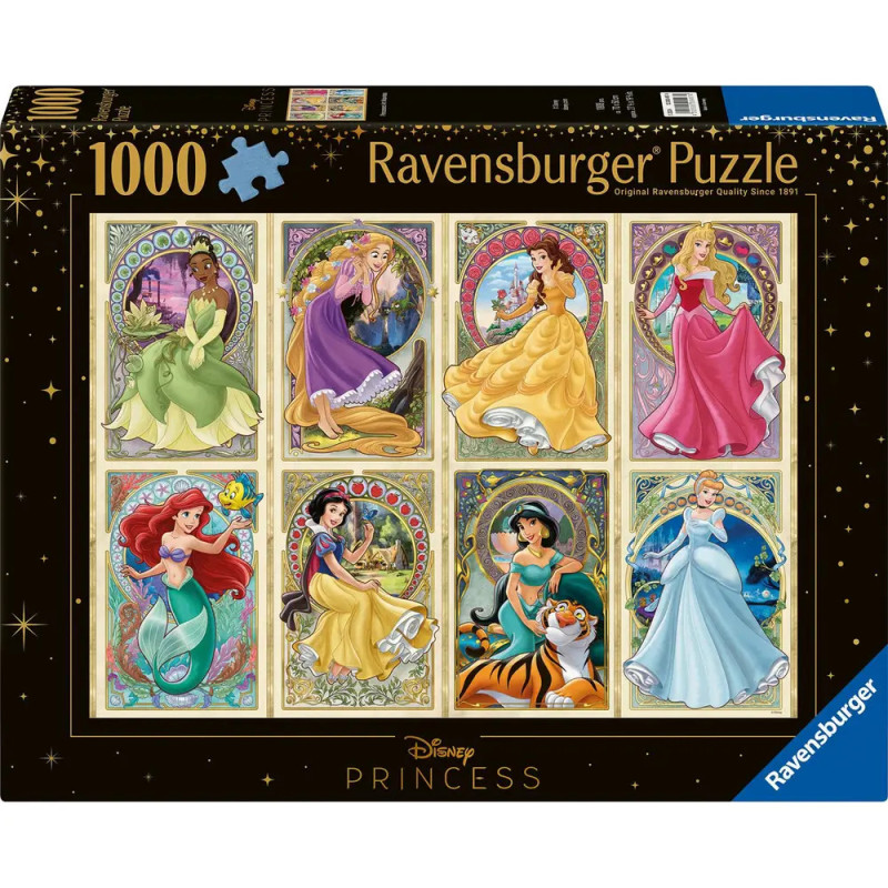 Ravensburger Puzzle mit 1000 Teilen zeigt acht Disney-Prinzessinnen in verzierten Rahmen auf dem Schachtelcover.