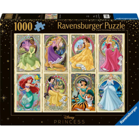 Ravensburger Puzzle mit 1000 Teilen zeigt acht Disney-Prinzessinnen in verzierten Rahmen auf dem Schachtelcover.