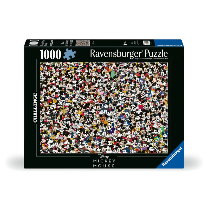 Ravensburger Puzzle mit 1000 Teilen zeigt eine Collage vieler Mickey-Mouse-Illustrationen auf der Verpackung.