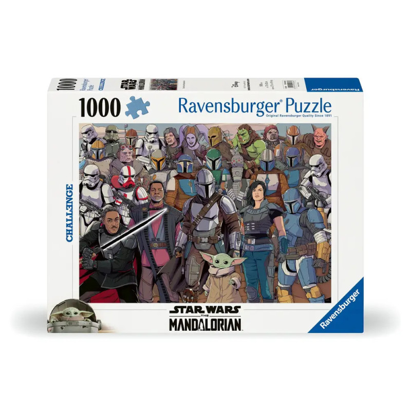 1000-teiliges Ravensburger Puzzle mit illustrierten Figuren aus Star Wars: The Mandalorian.