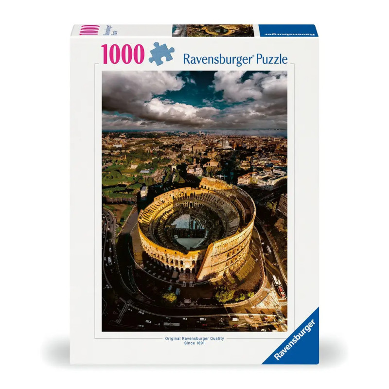 Ravensburger Puzzle mit 1000 Teilen, zeigt die Luftaufnahme des Kolosseums in Rom unter bewölktem Himmel. Ravensburger Puzzle mit 1000 Teilen, zeigt die Luftaufnahme des Kolosseums in Rom unter bewölktem Himmel.