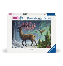 Ravensburger Puzzle, 1000 Teile: Magischer Hirsch mit rosa Blüten-Geweih und Waldtieren auf der Box.